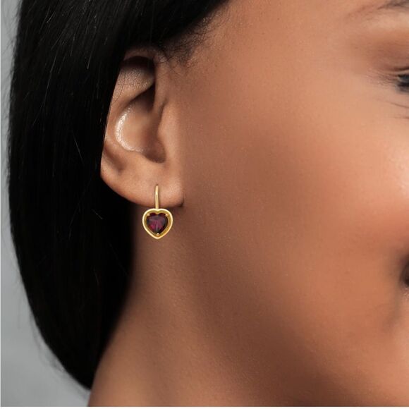 18K Yellow Gold 925 with 3.00 Cttw 7MM Rhodolite Garnet Heart Leverback Earrings - Picture 4 of 5